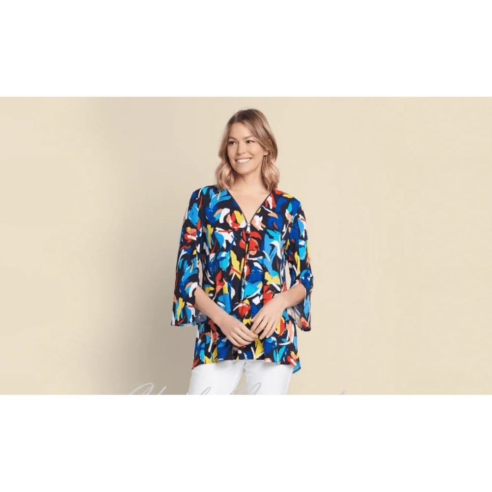 Joseph Ribkoff Abstract Floral Zip Neck Tunic Top Made in Canada Multicolor 10